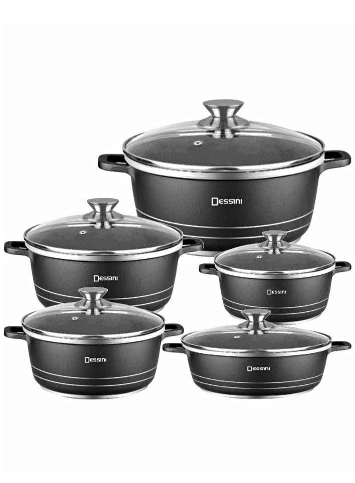 DESSINI 10-Piece Cookware Set Black 1 x Casserole (20), Casserole (24), Casserole (28), Casserole (32), Shallow Casserole (28)cm Black