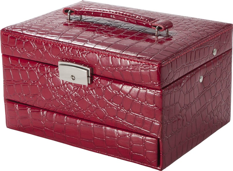 BARSKA Cheri Bliss Portable Faux Red Croc Embossed Jewelry Storage Box with Drawer, Key Lock, Carry Handle, Mirror, Ring Roll, and Earring Holders - Image 2