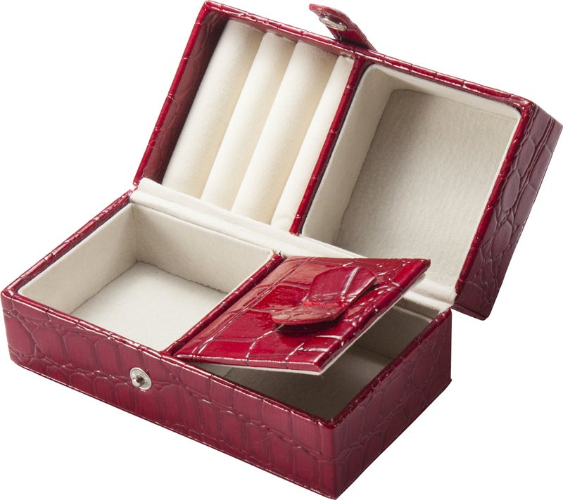 BARSKA Cheri Bliss Portable Faux Red Croc Embossed Jewelry Storage Box with Drawer, Key Lock, Carry Handle, Mirror, Ring Roll, and Earring Holders - Image 3
