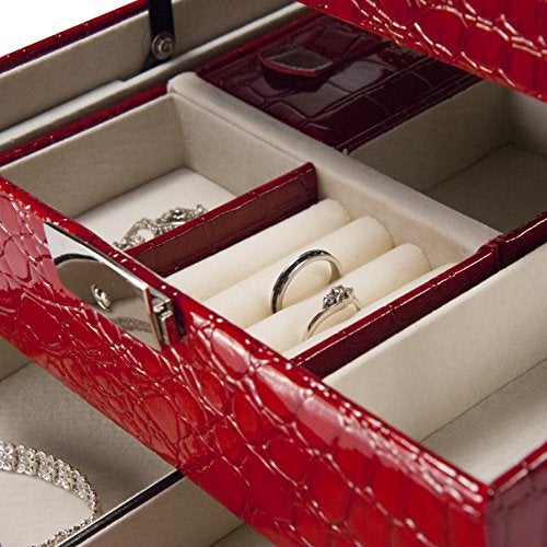 BARSKA Cheri Bliss Portable Faux Red Croc Embossed Jewelry Storage Box with Drawer, Key Lock, Carry Handle, Mirror, Ring Roll, and Earring Holders - Image 5