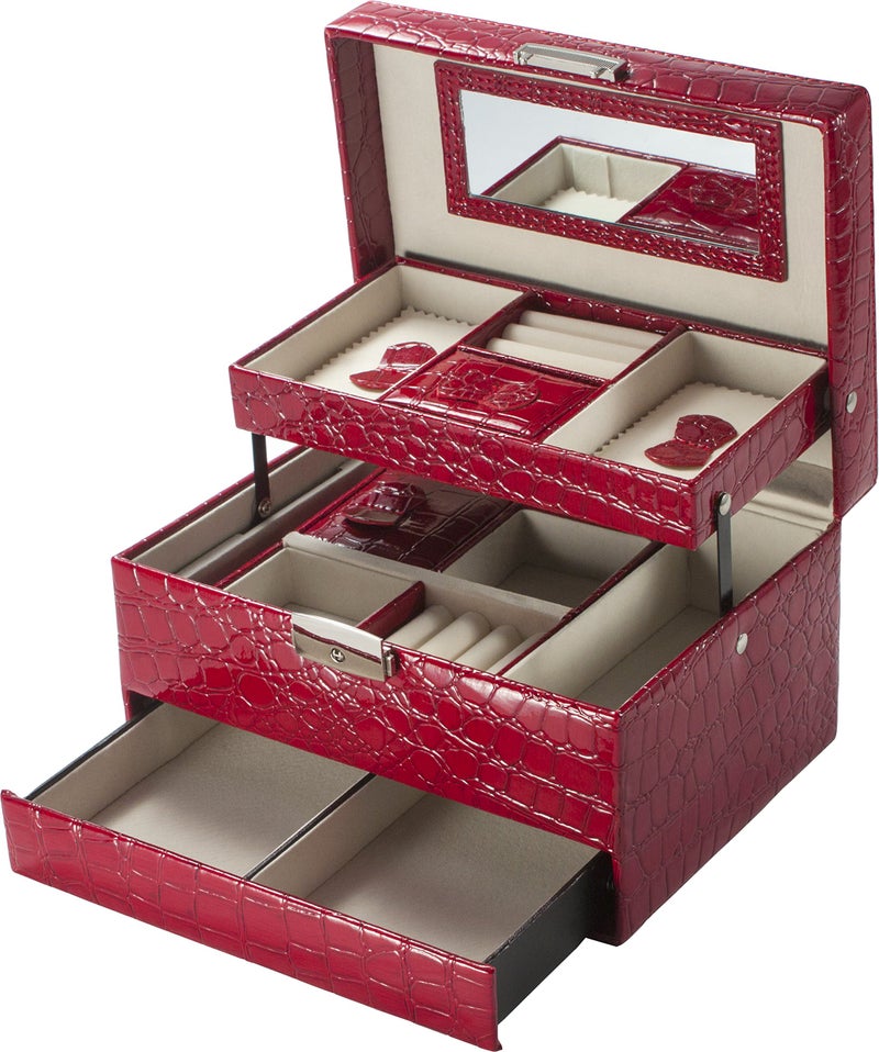 BARSKA Cheri Bliss Portable Faux Red Croc Embossed Jewelry Storage Box with Drawer, Key Lock, Carry Handle, Mirror, Ring Roll, and Earring Holders - Image 1