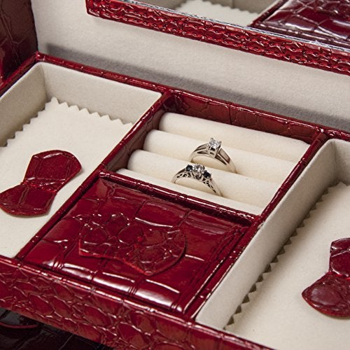 BARSKA Cheri Bliss Portable Faux Red Croc Embossed Jewelry Storage Box with Drawer, Key Lock, Carry Handle, Mirror, Ring Roll, and Earring Holders - Image 4