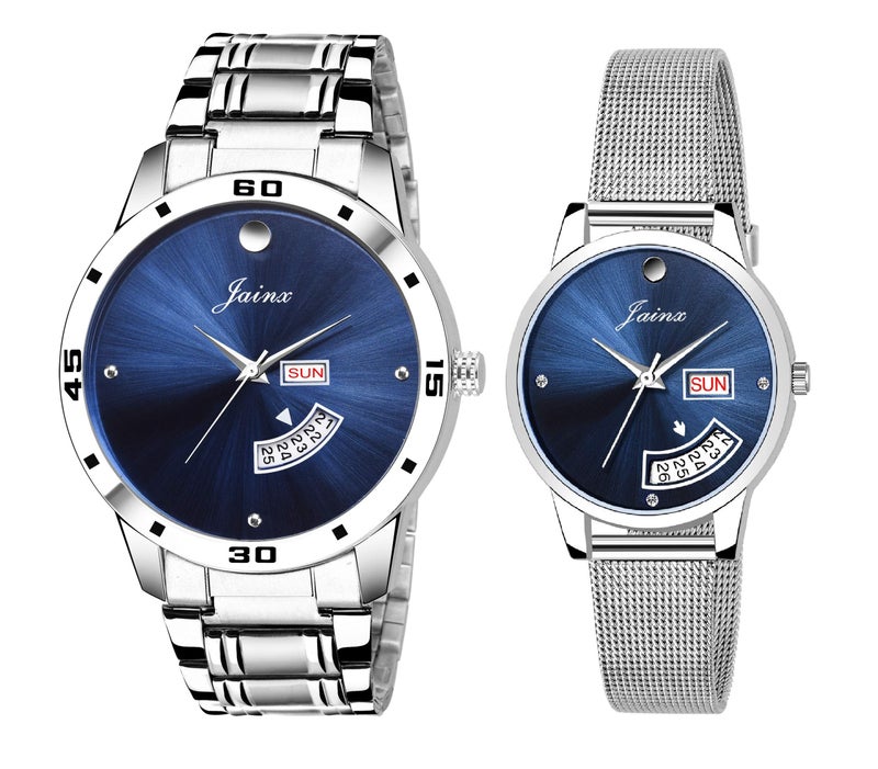 jainx Day Date Blue Dial Steel Chain Gift Set Analog Wrist Watch for Couple - JC479 - Image 1