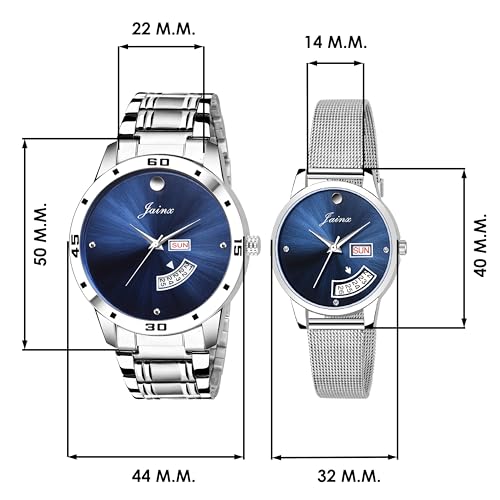 jainx Day Date Blue Dial Steel Chain Gift Set Analog Wrist Watch for Couple - JC479 - Image 2