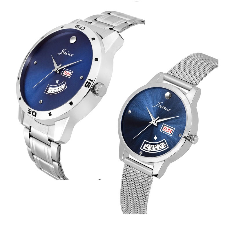 jainx Day Date Blue Dial Steel Chain Gift Set Analog Wrist Watch for Couple - JC479 - Image 4
