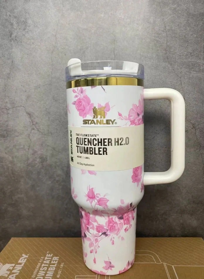 Stanley Stanley Fancy H2.0 Flow State 40oz White & Pink Rose Floral Tumbler, Stainless Steel Vacuum Insulated Quencher with Lid, Straw, and Stopper, Ideal for Water and Iced Tea, Keeps Drinks Cold, Presented in Elegant Gift-Ready  - Image 3