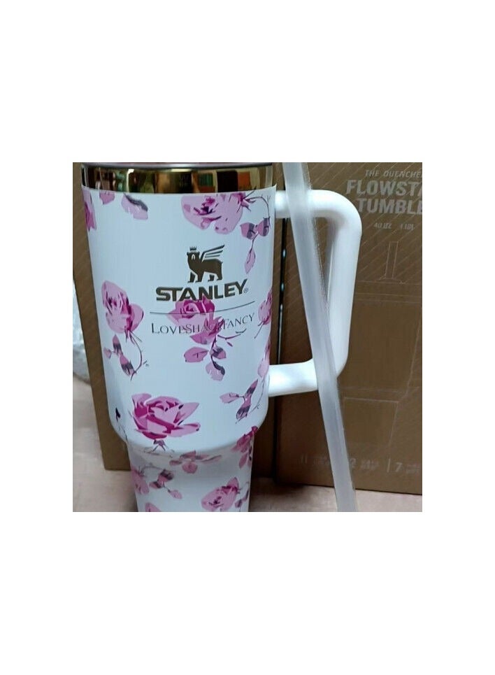 Stanley Stanley Fancy H2.0 Flow State 40oz White & Pink Rose Floral Tumbler, Stainless Steel Vacuum Insulated Quencher with Lid, Straw, and Stopper, Ideal for Water and Iced Tea, Keeps Drinks Cold, Presented in Elegant Gift-Ready  - Image 4