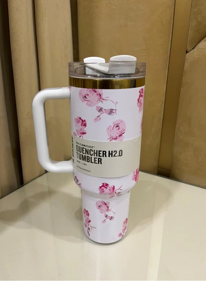 Stanley Stanley Fancy H2.0 Flow State 40oz White & Pink Rose Floral Tumbler, Stainless Steel Vacuum Insulated Quencher with Lid, Straw, and Stopper, Ideal for Water and Iced Tea, Keeps Drinks Cold, Presented in Elegant Gift-Ready  - Image 2