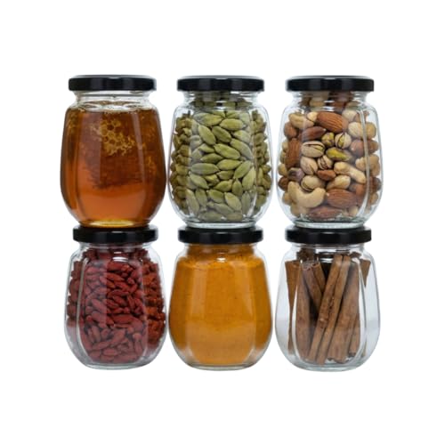 CROCO JAR Crown Shape Glass Jars with Black Lids|Premium Airtight Storage Containers for Kitchen, Spices, Pickles, Dry Fruits, Snacks & Pantry Organization|Transparent Glass Jars 250ml|Black Set of 6 - Image 1