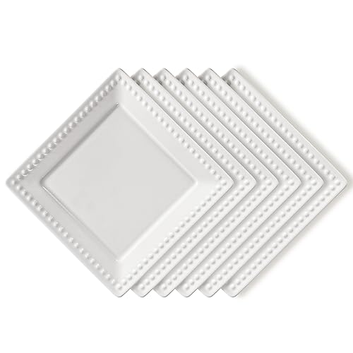 Wareland Embossed Ceramic Appetizer & Dessert Plates - Set of 6, 6 inch White Square Dinner Plates for Snack & Restaurant, Dishwasher & Microwave Safe - Image 1