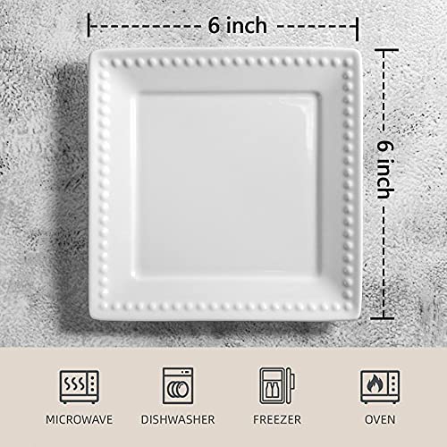 Wareland Embossed Ceramic Appetizer & Dessert Plates - Set of 6, 6 inch White Square Dinner Plates for Snack & Restaurant, Dishwasher & Microwave Safe - Image 2
