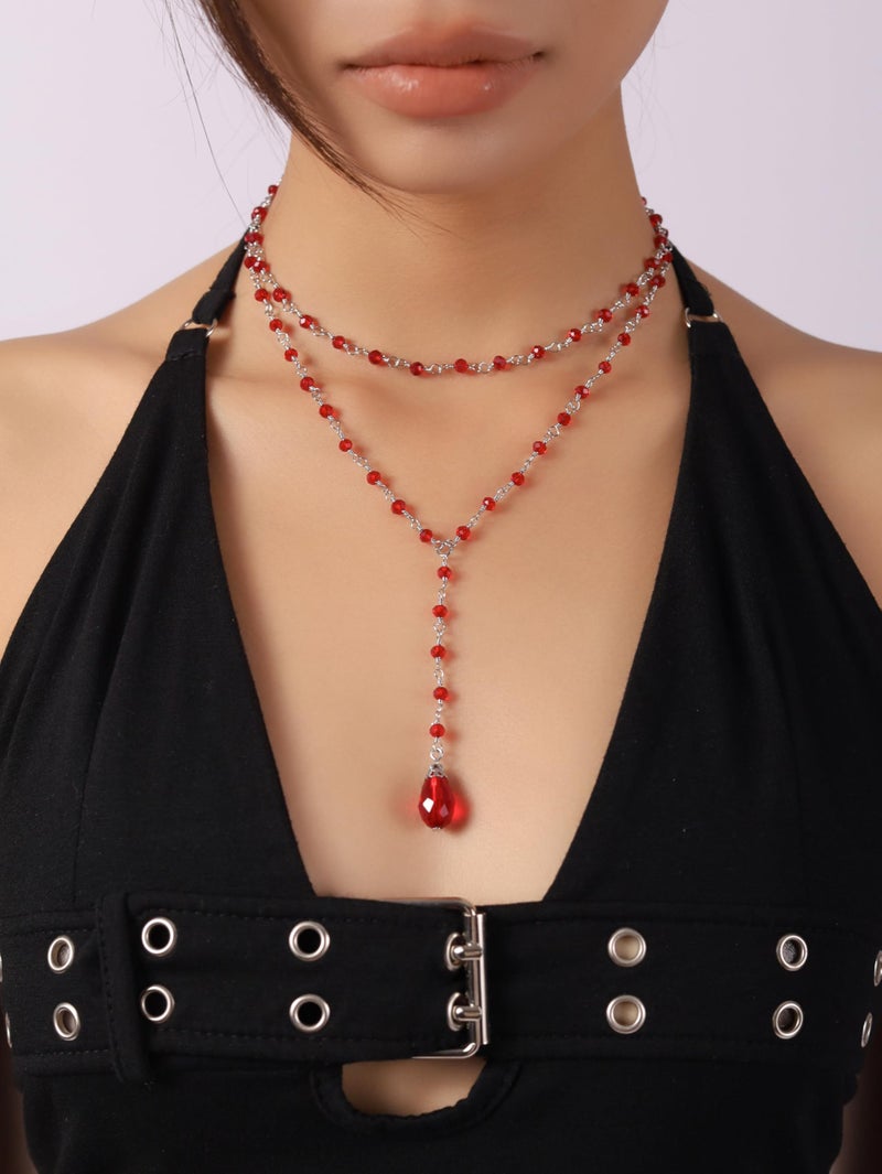 Sacina Gothic Red Layered Choker, Dainty Y Necklace, Bead teardrop Choker, Gothic Goth Necklace, Christmas Jewelry Gift for Women - Image 2