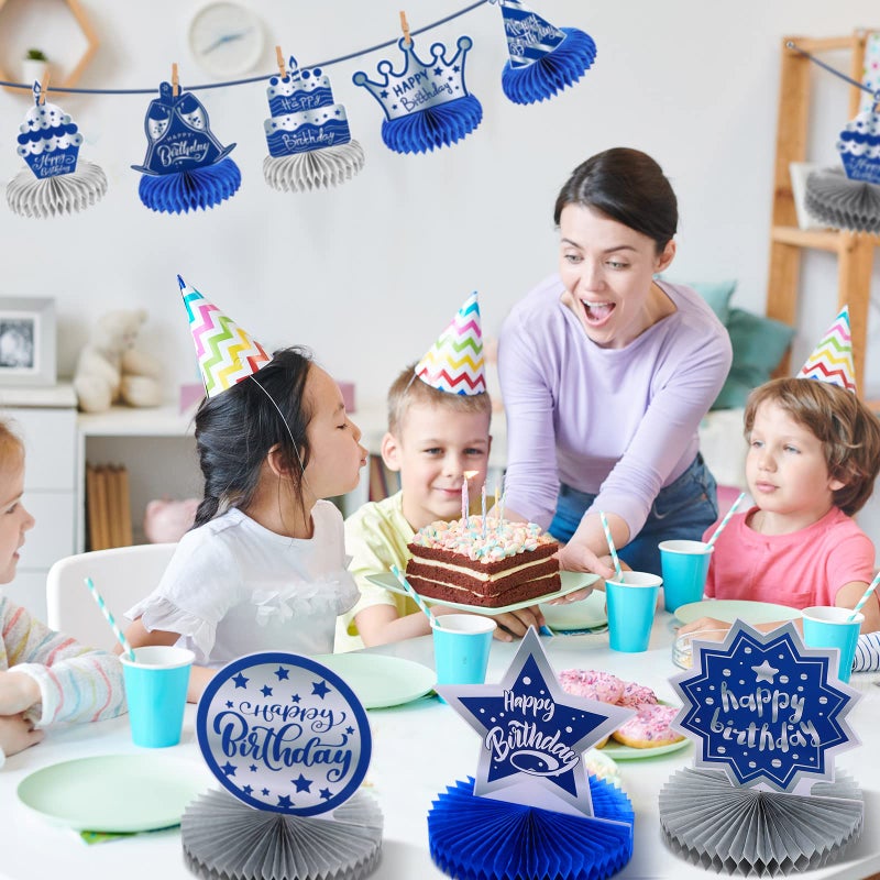Yinder 12 Pcs Happy Birthday Decorations for Men Blue Silver Honeycomb Centerpieces Party Supplies Paper Table Decorations Royal Table Centerpieces for Boys, Kids Party - Image 4