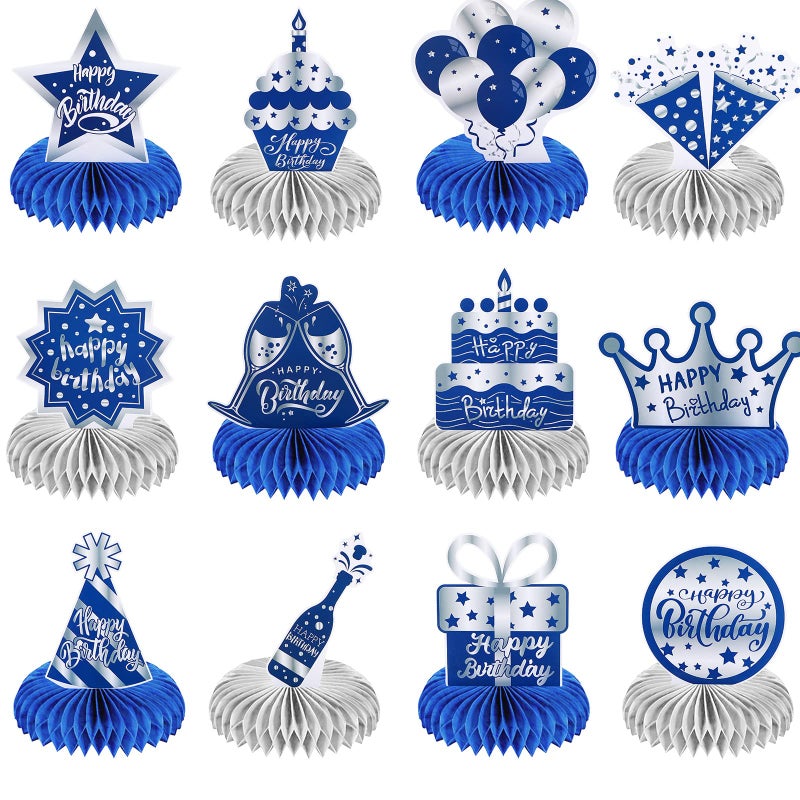 Yinder 12 Pcs Happy Birthday Decorations for Men Blue Silver Honeycomb Centerpieces Party Supplies Paper Table Decorations Royal Table Centerpieces for Boys, Kids Party - Image 1