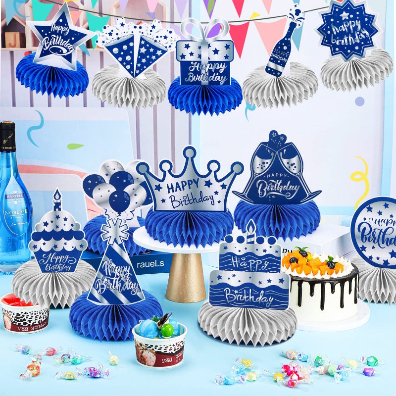 Yinder 12 Pcs Happy Birthday Decorations for Men Blue Silver Honeycomb Centerpieces Party Supplies Paper Table Decorations Royal Table Centerpieces for Boys, Kids Party - Image 2