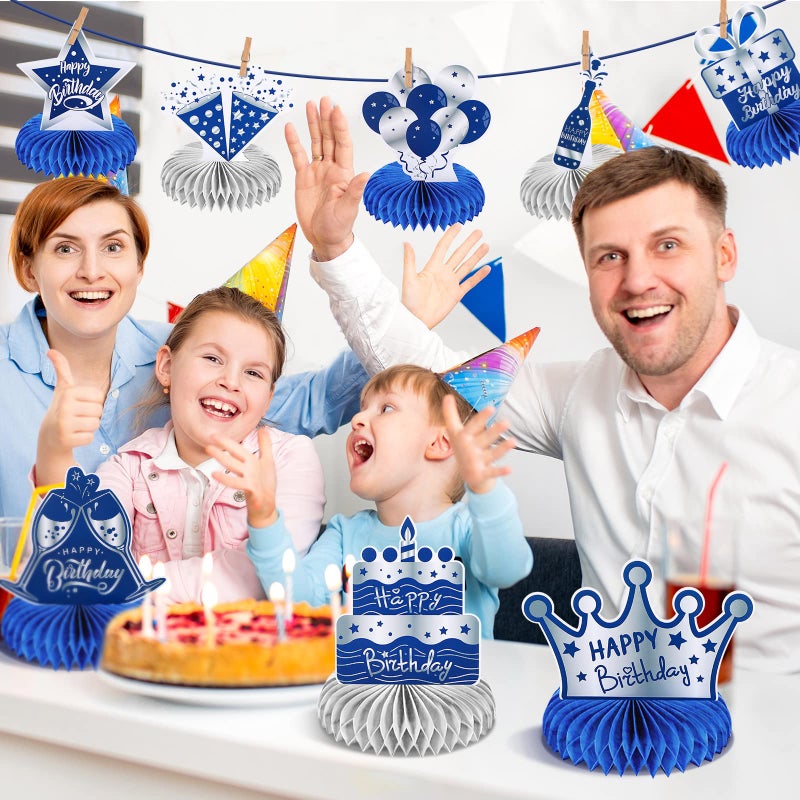 Yinder 12 Pcs Happy Birthday Decorations for Men Blue Silver Honeycomb Centerpieces Party Supplies Paper Table Decorations Royal Table Centerpieces for Boys, Kids Party - Image 5