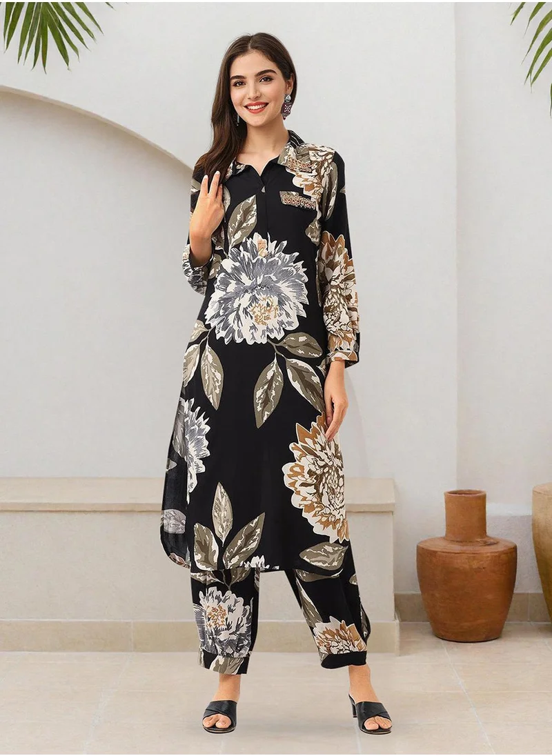 آي شين Women's Black Rayon Printed Tunic Full Length Palazzo Straight Fit Kurta Set