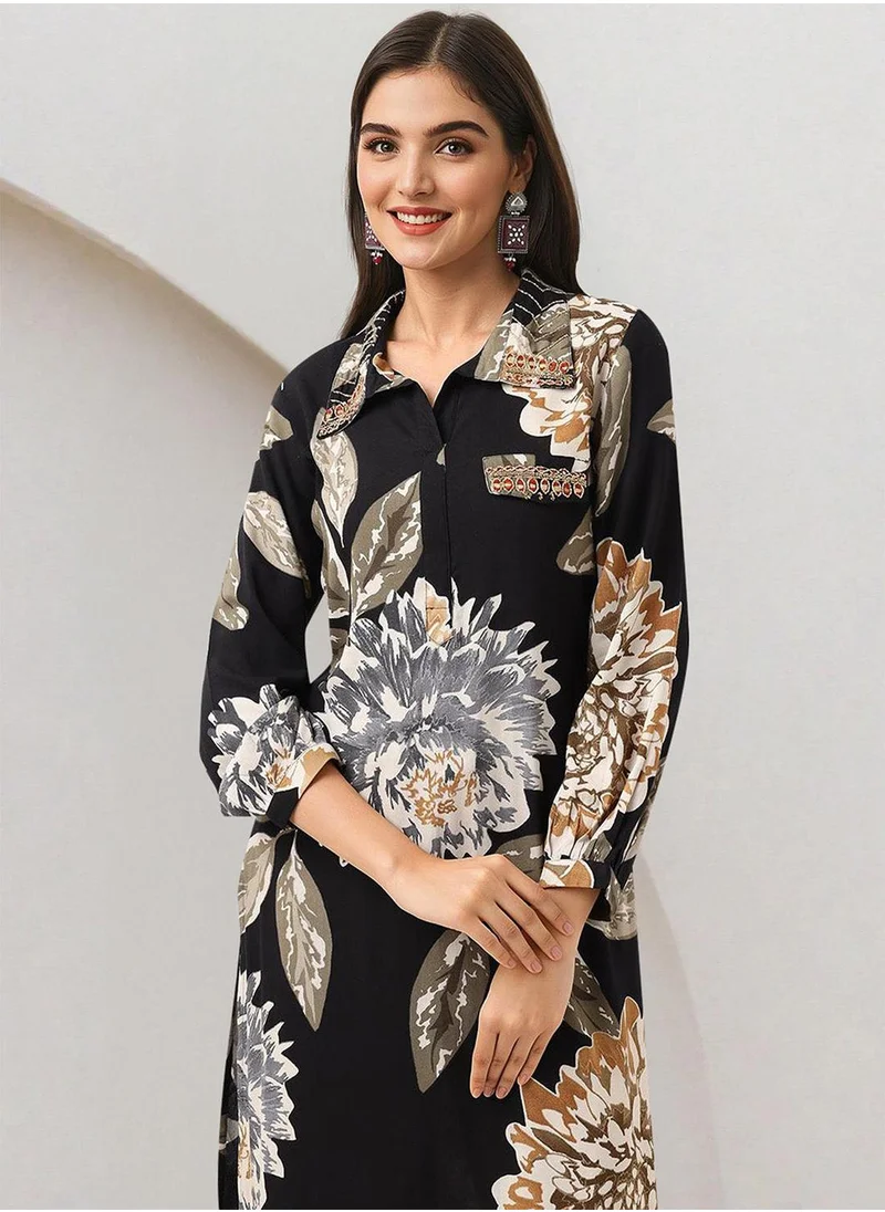 آي شين Women's Black Rayon Printed Tunic Full Length Palazzo Straight Fit Kurta Set