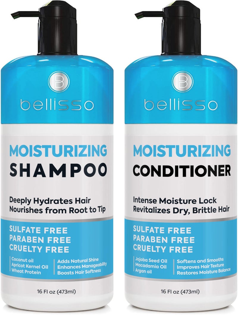 BELLISSO Moisturizing Shampoo and Conditioner Set - Sulfate Free Care for Women and Men - Hydrating, Deep Moisture Duo with Shea Butter - Salon Grade, Color Safe - Ideal for Curly Hair and Dry Split Ends - Image 1