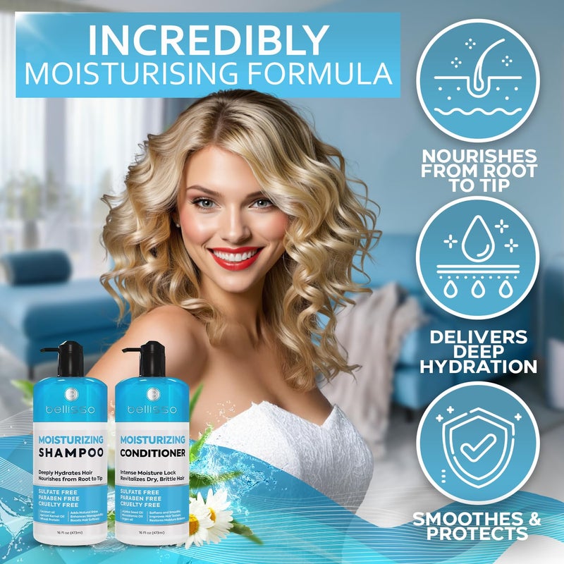 BELLISSO Moisturizing Shampoo and Conditioner Set - Sulfate Free Care for Women and Men - Hydrating, Deep Moisture Duo with Shea Butter - Salon Grade, Color Safe - Ideal for Curly Hair and Dry Split Ends - Image 2