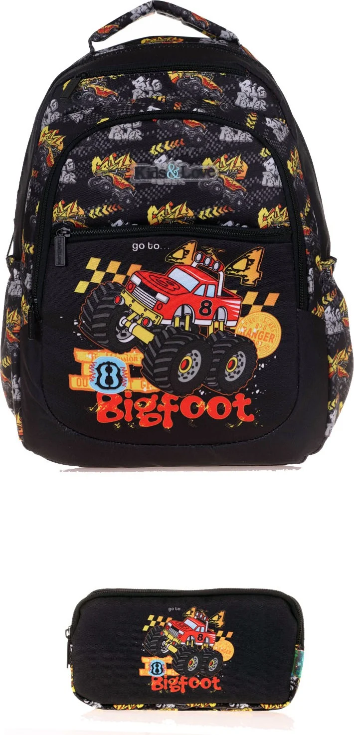 KAUKKO Kids&love 2 Piece Set Fast Monster Truck Backpack and Pencil Bag