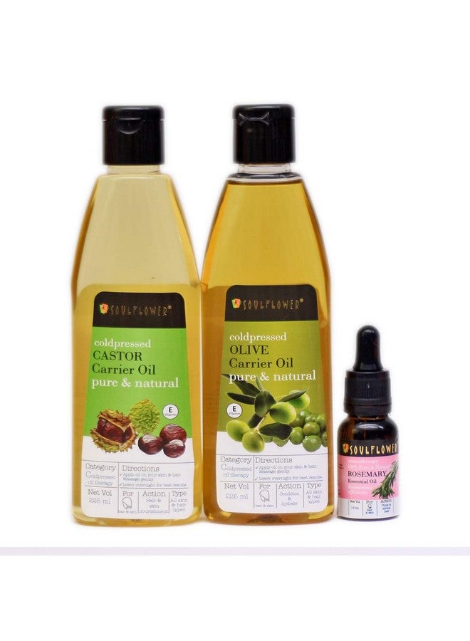 Soulflower Olive Carrier Oil 225Ml Castor Carrier Oil 225Ml & Rosemary Essential Oil 15 Ml Combo For Hair Growth Long Shiny Frizz Free & Thicker Eyebrows And Eye Lashes Pack Of 3 (Free Dropper) - Image 1