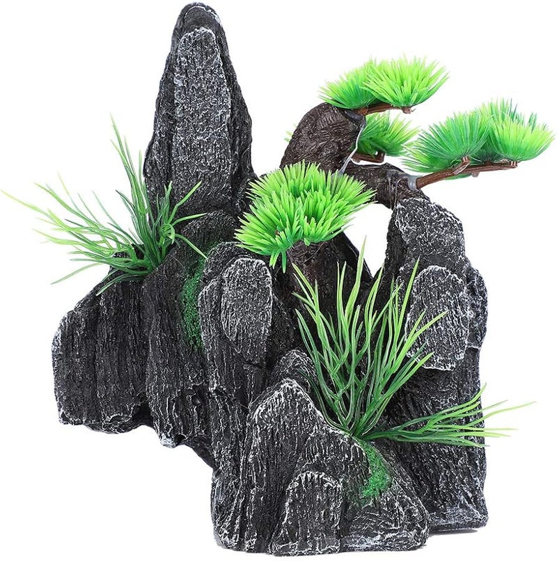 Resin Aquarium Mountain Stone Ornament with Small Plants Safe Durable Fish Tank Decoration - Image 2