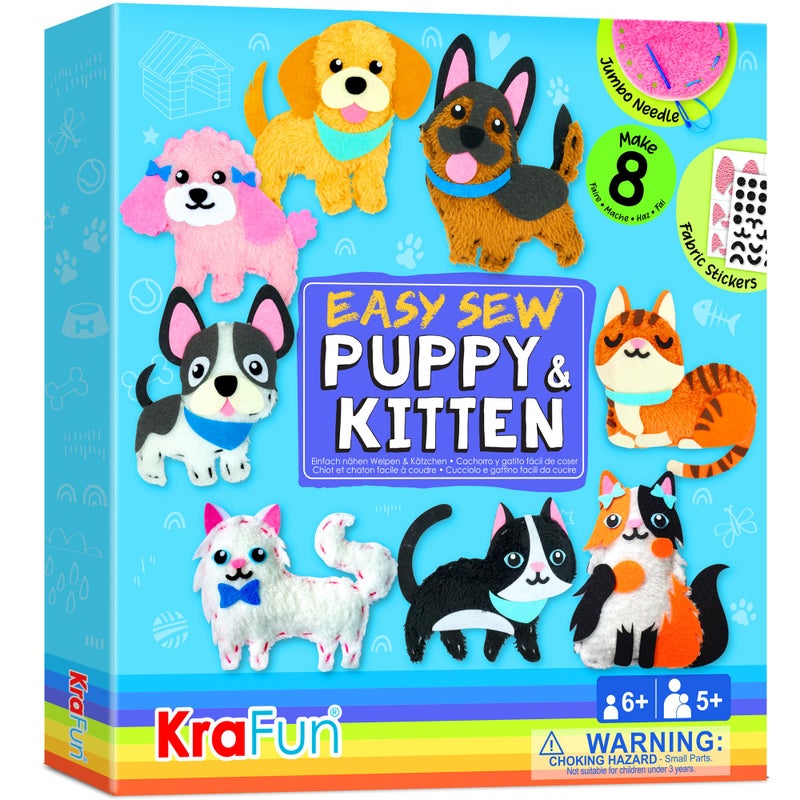 KRAFUN Easy Sewing Kit for Beginner Kids Arts Crafts 8 Easy DIY Projects of Stuffed Animal Dolls of Puppies Kittens Dogs and Cats Instructions Felt Gift for Girls Boys Learn to Sew