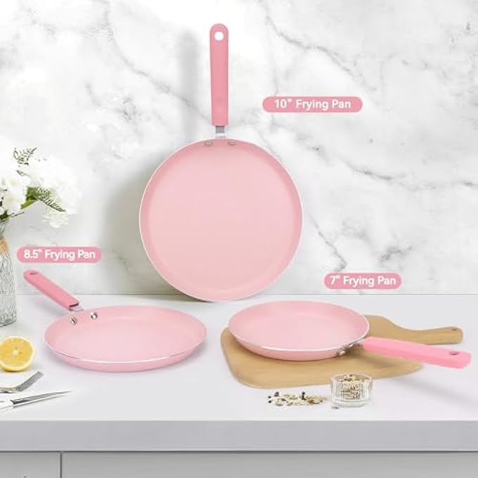 AVEKI Nonstick Frying Pan Skillet 3Pc Pink Frying Pan Set With Non Stick Coating Aluminum Egg Pan With Stay Cool Handles Practical Kitchen Cookware For Home Restaurant Non Toxic 3Pc - Image 3