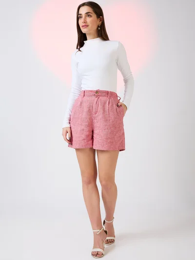 globus Women Linen Cotton Mid-Rise Partially Elasticated Button Closure Mini Casual Shorts