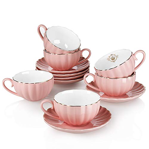 Amazingware Royal Tea Cups and Saucers, with Gold Trim and Gift Box, British Coffee Cups, Porcelain Tea Set, Set of 6 (8 oz)- Pink - Image 1