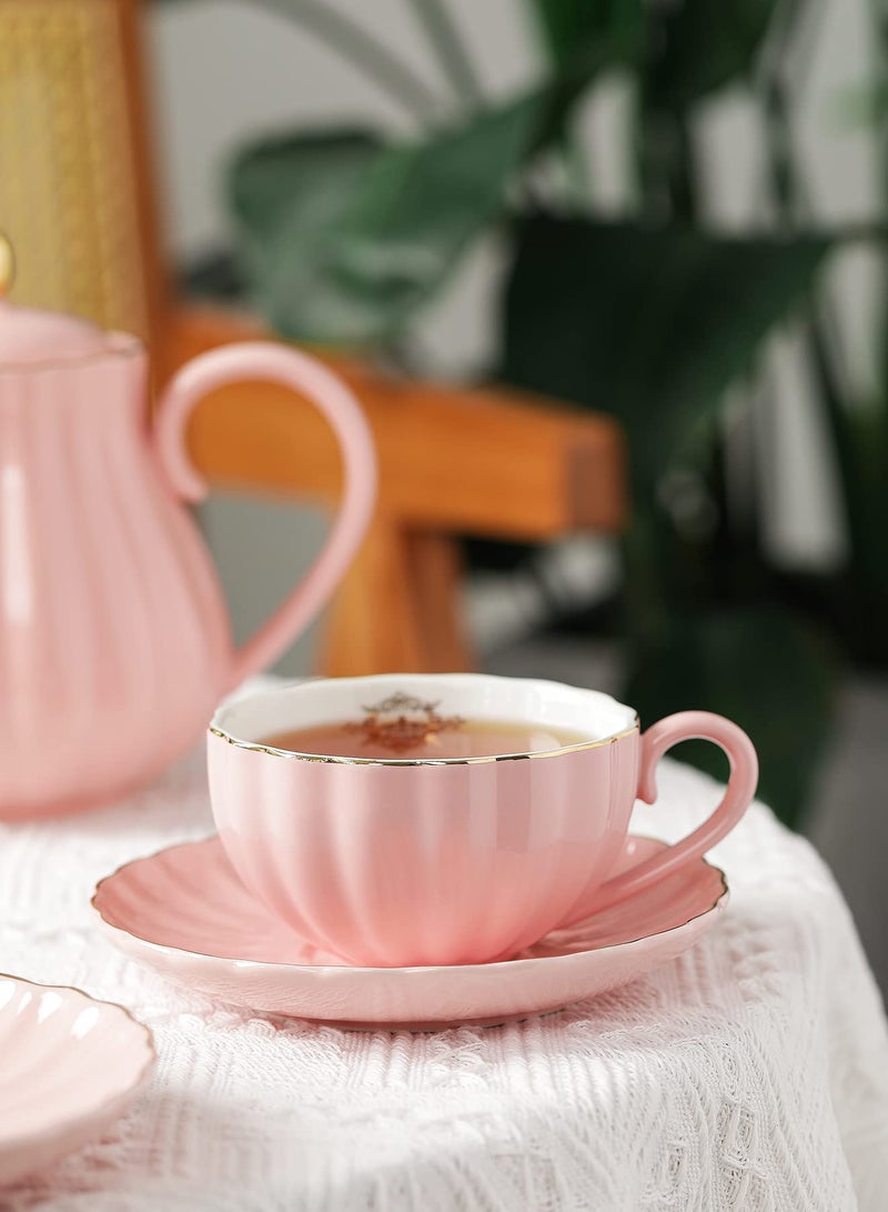 Amazingware Royal Tea Cups and Saucers, with Gold Trim and Gift Box, British Coffee Cups, Porcelain Tea Set, Set of 6 (8 oz)- Pink - Image 4