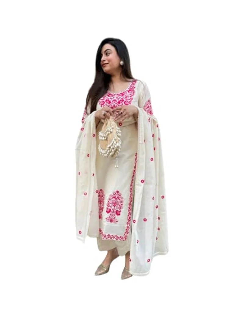 Gosriki GoSriKi Women's Rayon Viscose Embroidered Straight Kurta with Pant & Dupatta