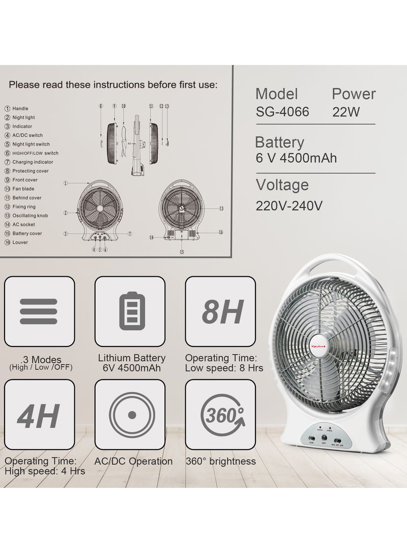 Stargold Rechargeable Fan 12 Inch AC/DC Oscillating Fan 22W With 8Pcs Super Bright LED Light - Image 4