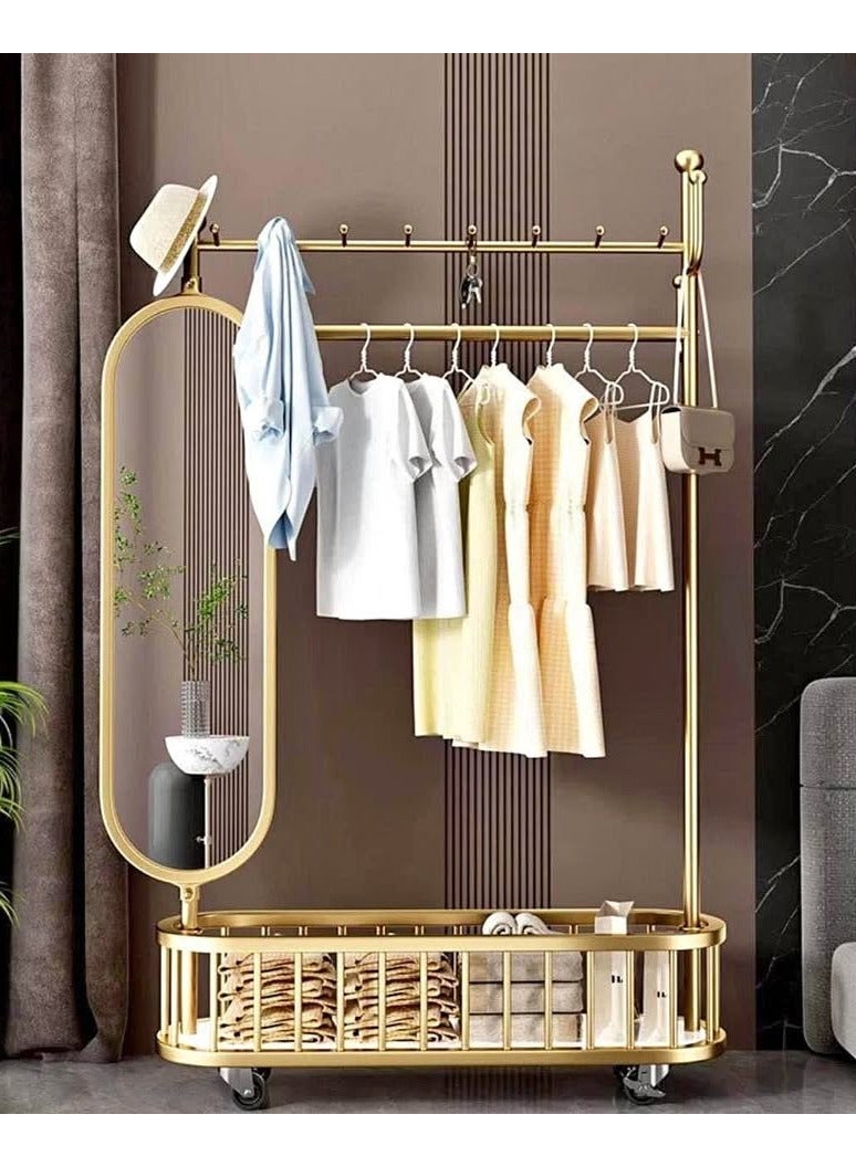 DubaiGallery 3 In 1 Luxury Floor Standing Rotatable Clothes Hanger with Full Length Dressing Mirror, Storage Hooks and Basket, Universal Wheels, Gold Finish 80cm - Image 1