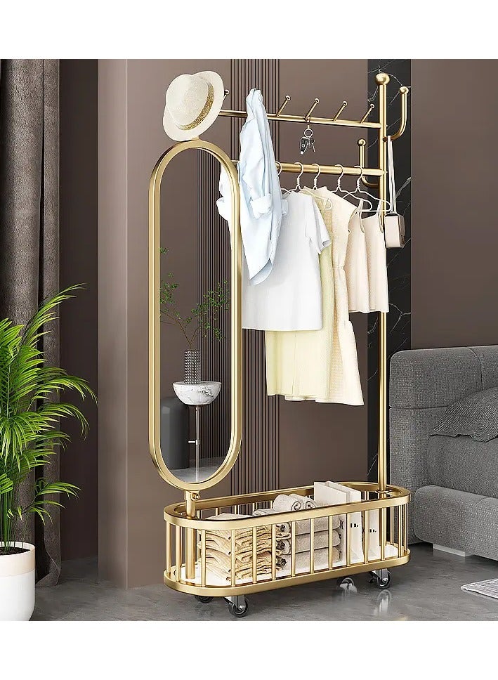 DubaiGallery 3 In 1 Luxury Floor Standing Rotatable Clothes Hanger with Full Length Dressing Mirror, Storage Hooks and Basket, Universal Wheels, Gold Finish 80cm - Image 2