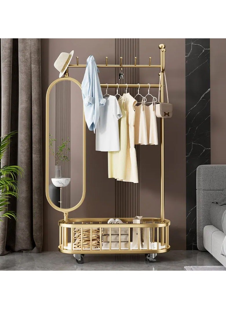 DubaiGallery 3 In 1 Luxury Floor Standing Rotatable Clothes Hanger with Full Length Dressing Mirror, Storage Hooks and Basket, Universal Wheels, Gold Finish 80cm - Image 4