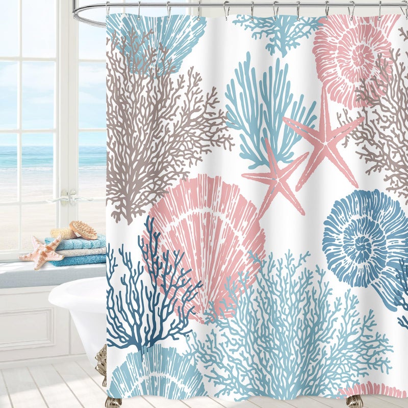 MAYZUS Extra Long Shower Curtain 72 x 84 Inch Tall Blue Pink Nautical Coastal Fabric Shower Curtain  Summer Tropical Seashell Starfish Coral Beach Ocean Themed Shower Curtain for Bathroom Decor - Image 1