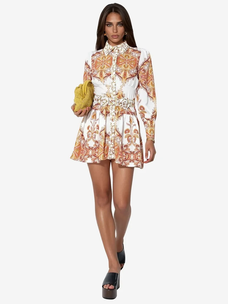 جينيفر Printed Mini Shirt Dress With Belt