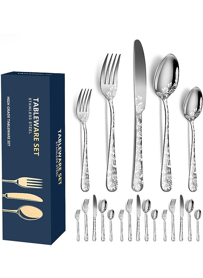 vesus Pieces Cutlery Set Stainless Steel Cutlery Set with Pattern Knife Fork Spoon Eating Utensils Set Flatware Serving Set for Home Office Party Camping  - Image 1