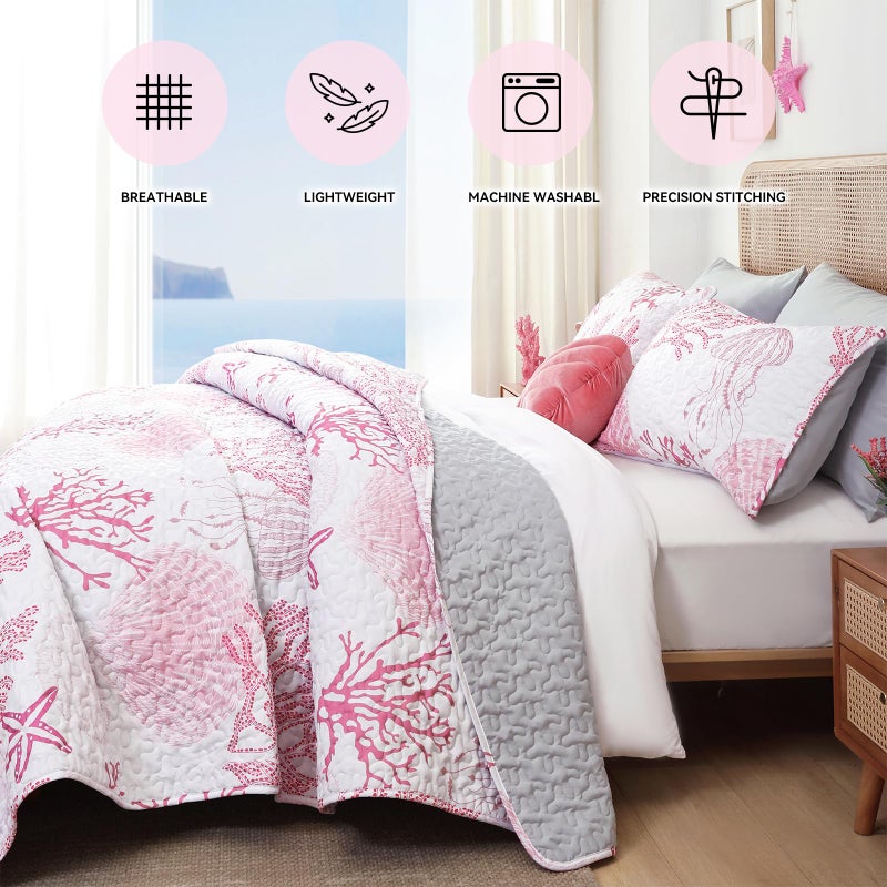 weigelia Coastal Quilts Bedding Set Queen Size - Pink Summer Nautical Bedding Quilt with Pillow Cases, Beach Reversible Quilt Set Ocean Coral Bedspreads Coverlet Soft Lightweight Comforter - Image 4
