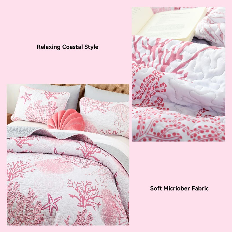 weigelia Coastal Quilts Bedding Set Queen Size - Pink Summer Nautical Bedding Quilt with Pillow Cases, Beach Reversible Quilt Set Ocean Coral Bedspreads Coverlet Soft Lightweight Comforter - Image 5