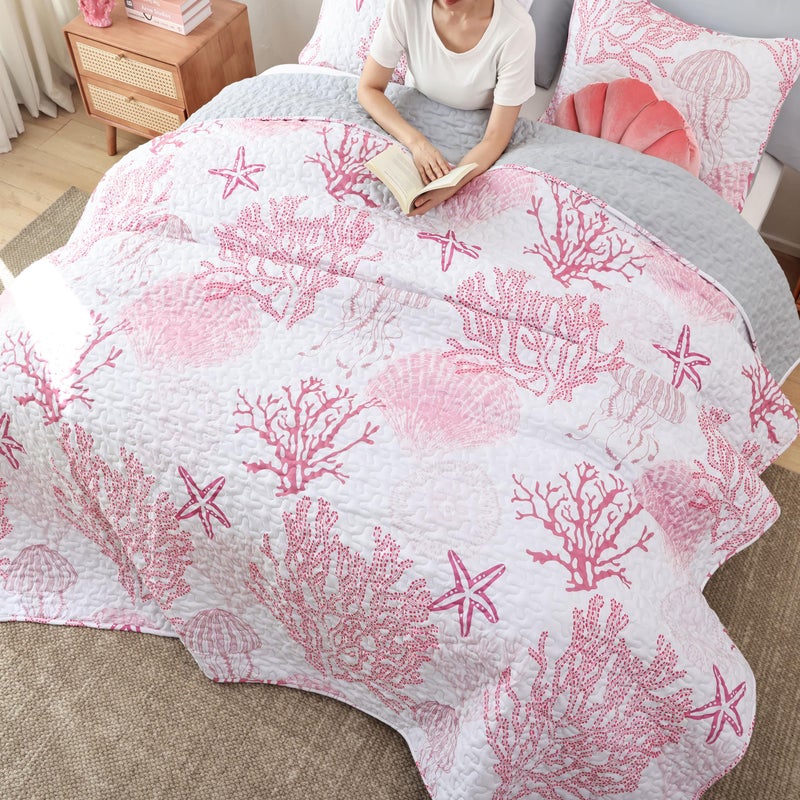 weigelia Coastal Quilts Bedding Set Queen Size - Pink Summer Nautical Bedding Quilt with Pillow Cases, Beach Reversible Quilt Set Ocean Coral Bedspreads Coverlet Soft Lightweight Comforter - Image 3