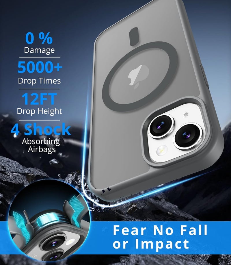 Vansdon Magnetic Case for iPhone 15 with 1-Pack Tempered Glass Screen Protector, Compatible with MagSafe, Military-Grade Drop Protection, Slim Translucent Matte Shockproof Case - Titanium Gray - Image 2