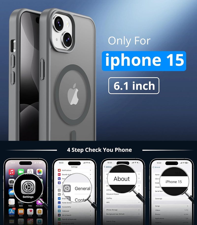 Vansdon Magnetic Case for iPhone 15 with 1-Pack Tempered Glass Screen Protector, Compatible with MagSafe, Military-Grade Drop Protection, Slim Translucent Matte Shockproof Case - Titanium Gray - Image 4