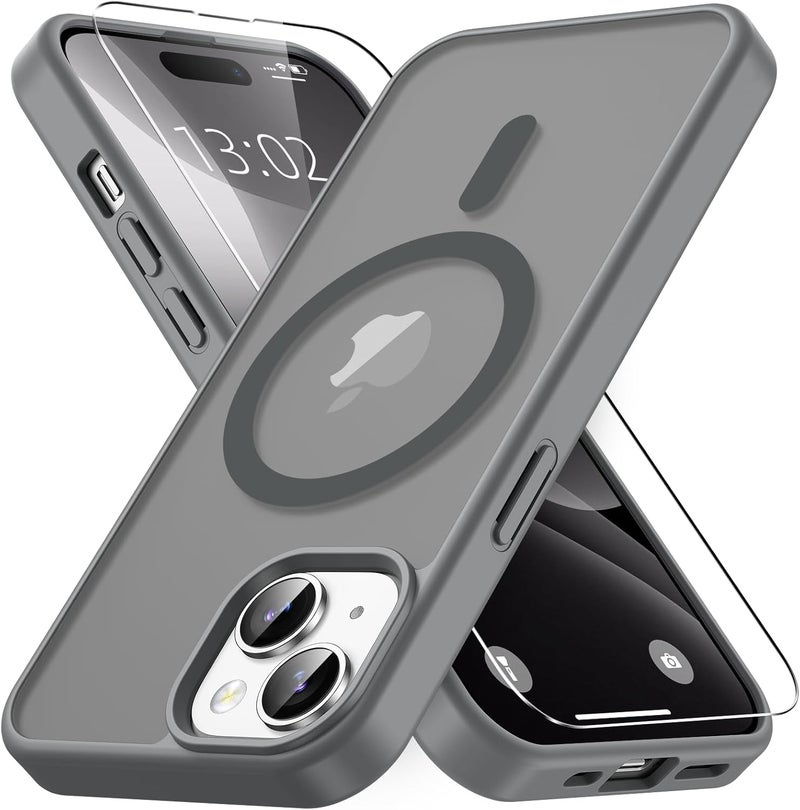 Vansdon Magnetic Case for iPhone 15 with 1-Pack Tempered Glass Screen Protector, Compatible with MagSafe, Military-Grade Drop Protection, Slim Translucent Matte Shockproof Case - Titanium Gray - Image 1