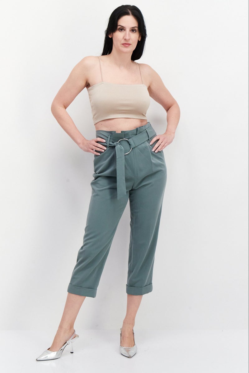 VERO MODA Women Carrot Fit Belted Plain Straight Pants, Green - Image 4