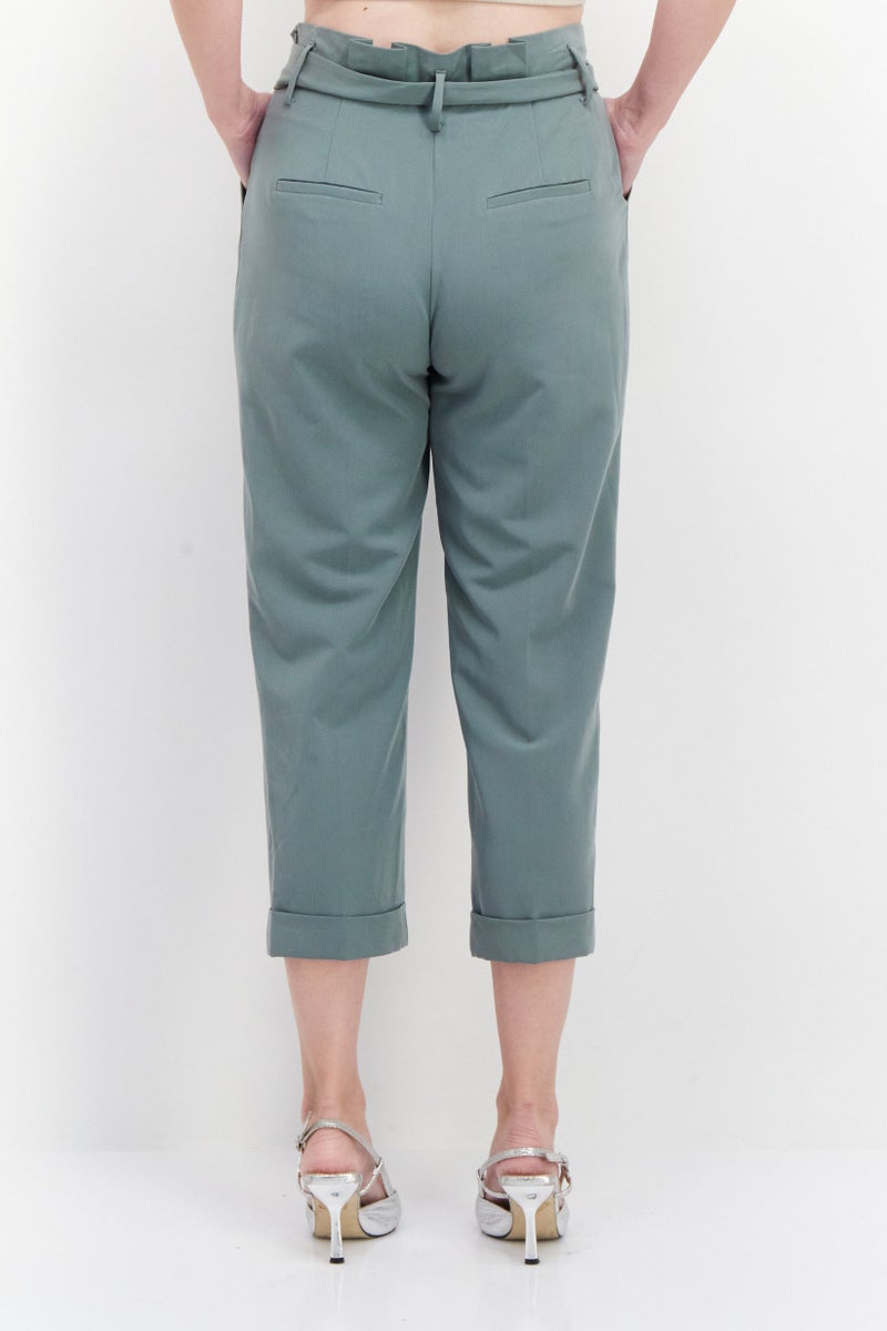 VERO MODA Women Carrot Fit Belted Plain Straight Pants, Green - Image 2