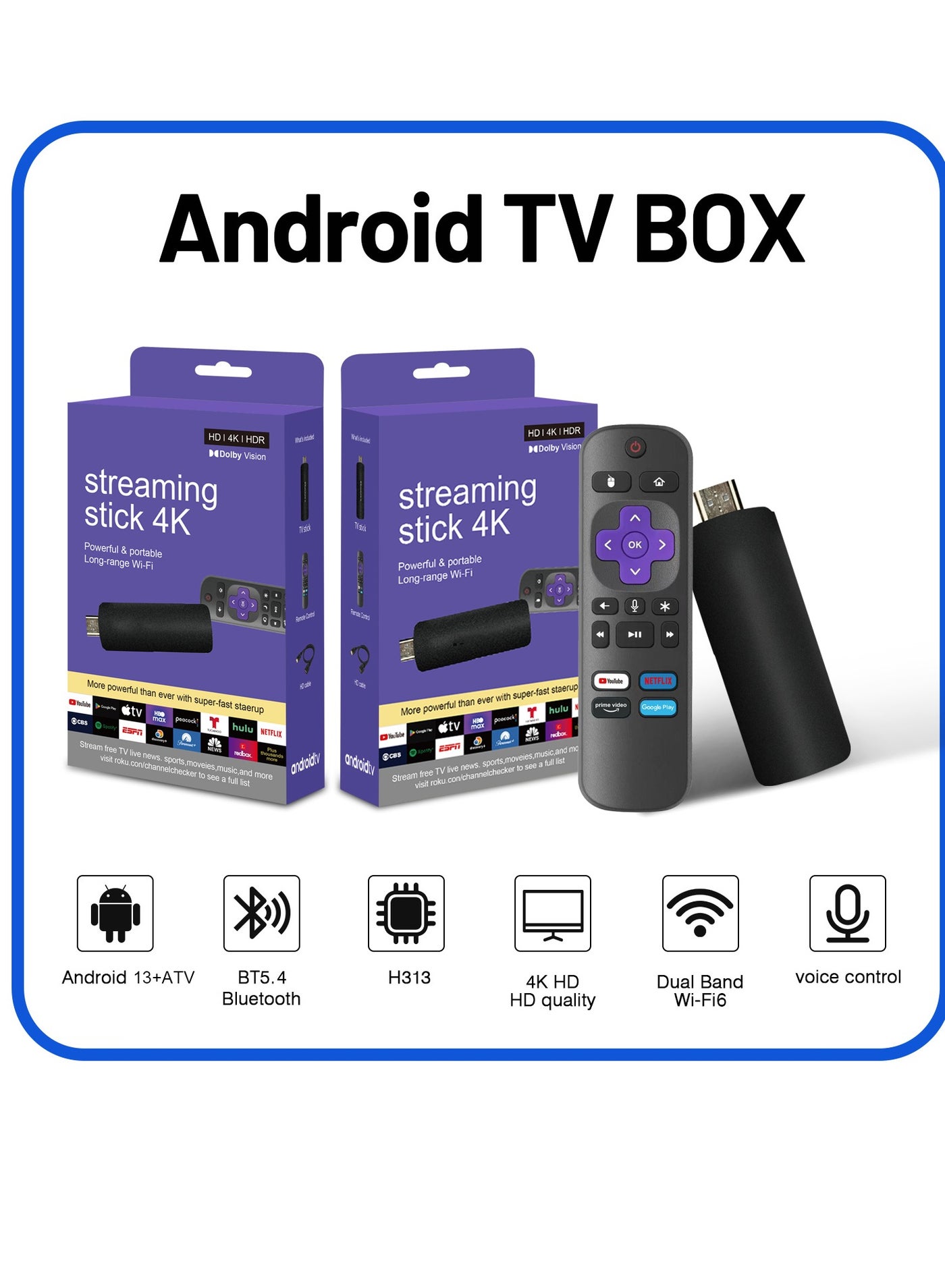 Android 13.0 Smart TV Stick, 4K UHD Streaming Device, 2.4G/5G WiFi, Quad-Core Processor, Allwinner H313, 2GB RAM, 16GB ROM, Multi-Language Support