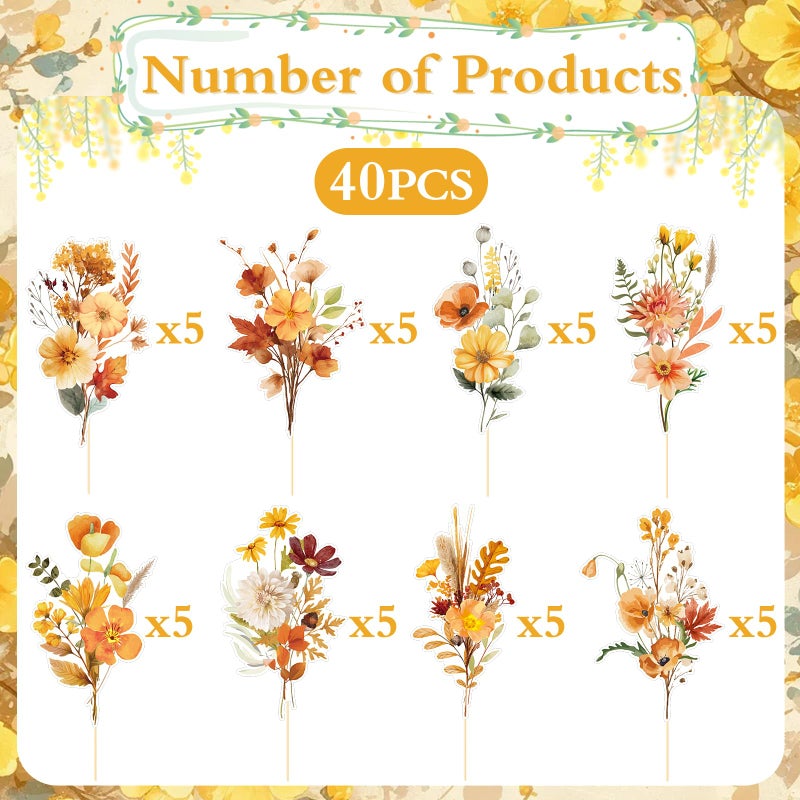 Rngmsi Wildflower Party Cupcake Toppers Decorations, 40PCS Flower Birthday Party Cake Decor, Floral Cupcake Toppers for Baby Shower Bridal Shower Wedding Supplies - Image 2